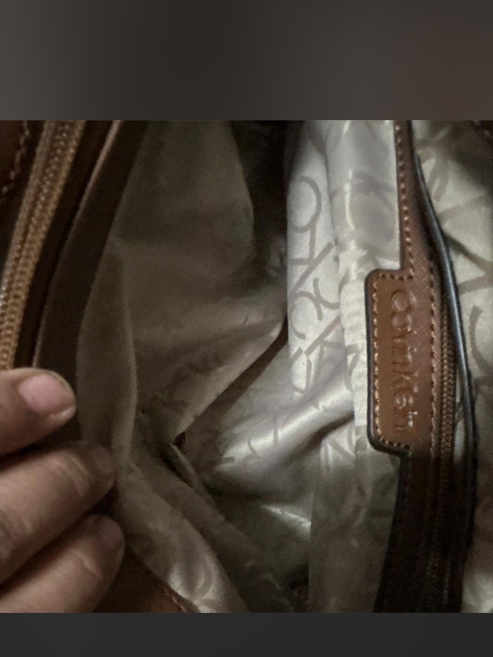 Calvin Klein Tan Leather Messenger with Monogram Lining